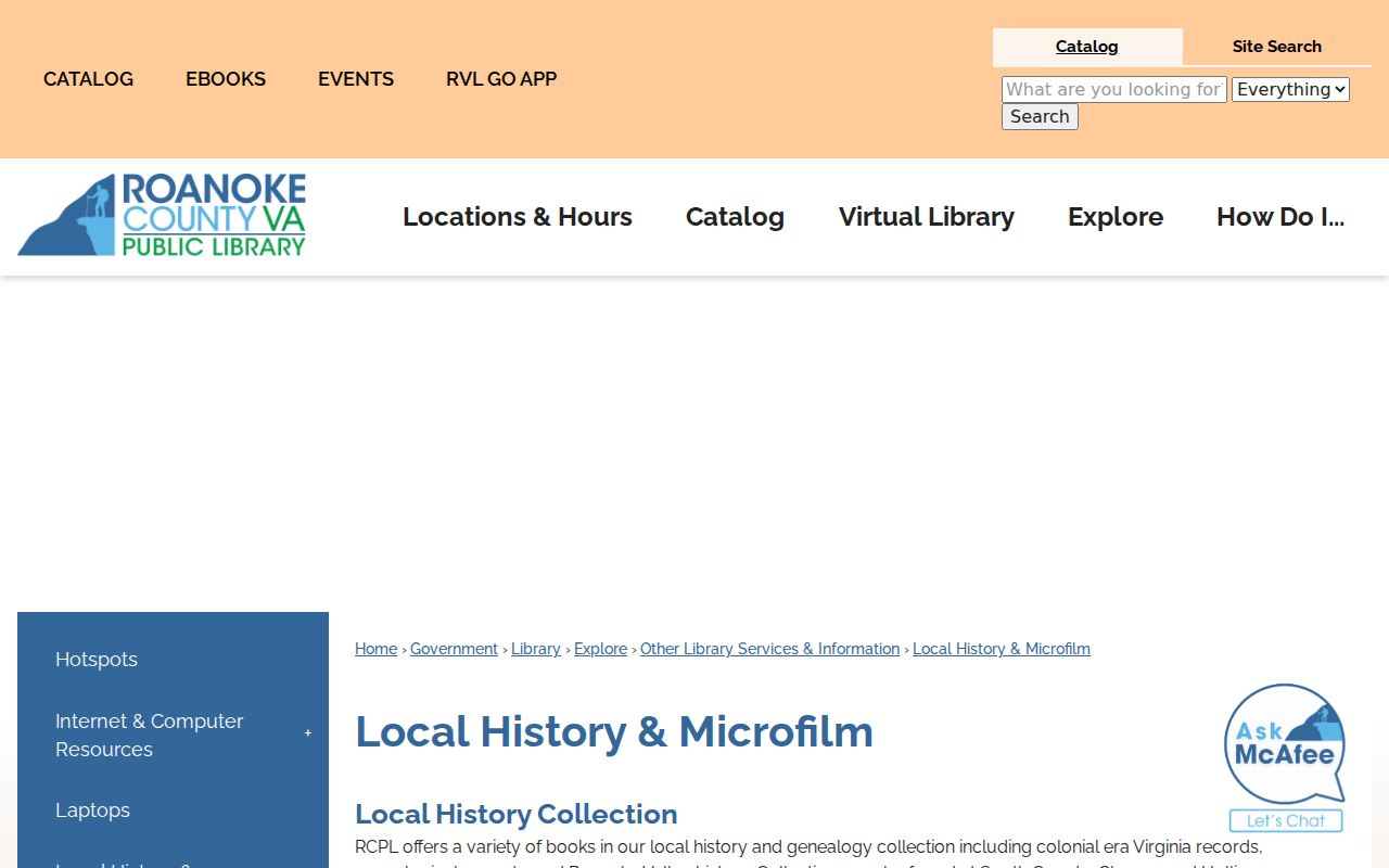 Cave Spring city directory research at South County Library local-history microfilm