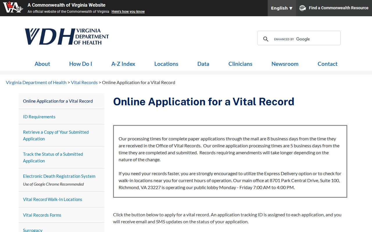 Cave Spring resident lookup through Virginia vital-record application page